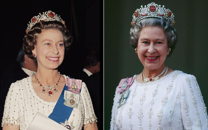 Королева Елизавета в рубиновой тиаре, 30 мая, 1977 год. | Спустя несколько лет. 