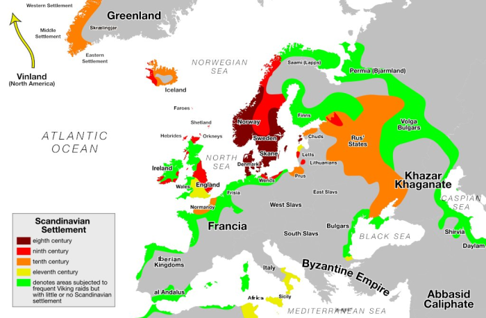 Карта поселений викингов, автор Max Naylor. \ Фото: blogspot.com.
