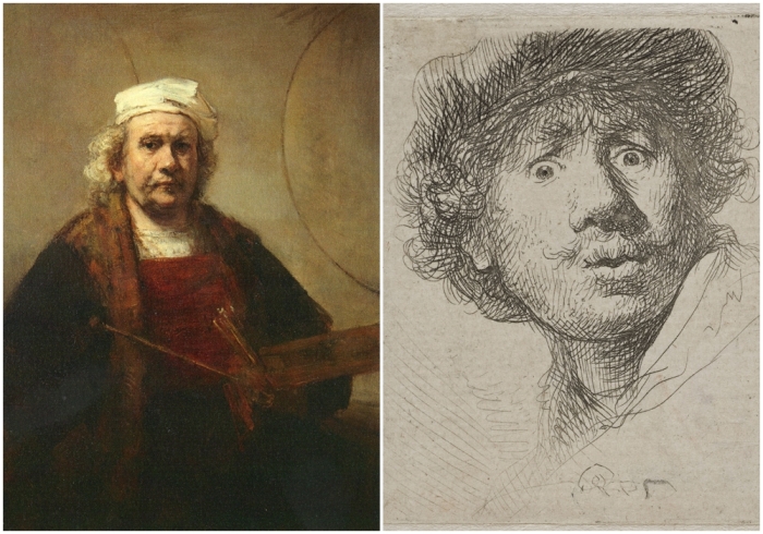 Слева направо: Рембрандт Харменс ван Рейн (Автопортрет, 1665-1669 гг.). \ Автопортрет в кепке, с широко открытыми глазами.