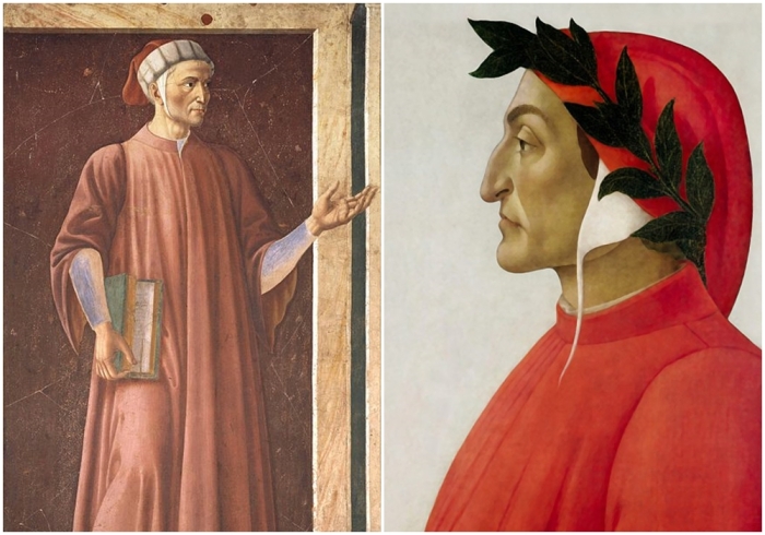 Слева направо: Данте на фреске виллы Кардуччо Андреа дель Кастаньо, 1450 год, Галерея Уффици. \ Данте Алигьери.