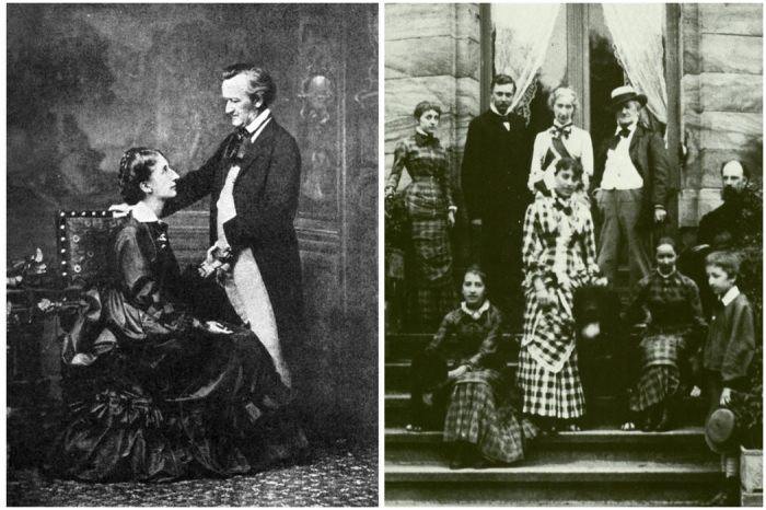 Слева направо: Рихард и Козима Вагнер, 1872 год. \ Вагнер с семьёй и друзьями на вилле Ванфрид, 23 августа 1881 года.