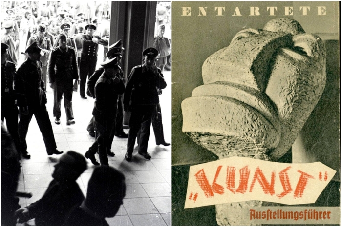Слева направо: Нацистские солдаты прибывают на Байрёйтский фестиваль. \ Плакат выставки дегенеративного искусства, 1938 год.