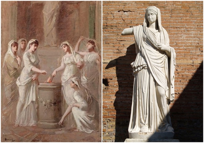 Слева направо: Культ Весты, Густав Суран, XIX век. \ Статуя Флавии Публиции в Доме весталок.