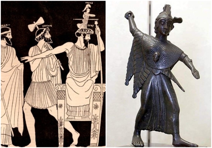Слева направо: Рождение Афины из головы Зевса. Рисунок с краснофигурной древнегреческой вазы. \ Этрусская фигурка Менрвы, 500—480-е гг. до н. э.