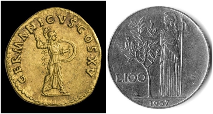 Слева направо: Минерва на реверсе ауреуса Домициана 90—91 года. \ Реверс ста итальянских лир 1957 года.
