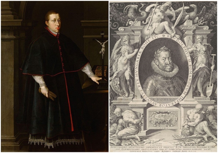 Слева направо: Эрцгерцог Леопольд V, Йозеф Хайнц Старший, 1604 год. \ Портрет Рудольфа II, Эгидиус Саделер, 1603 год.