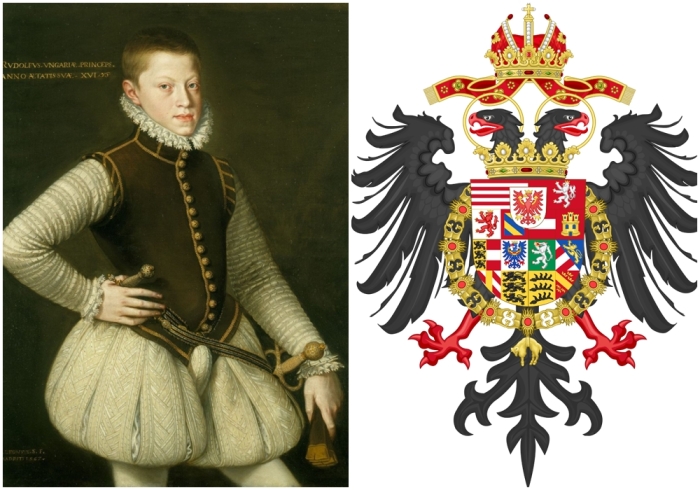 Слева направо: Рудольф II, император Австрии (1552-1612), автор Алонсо Санчес Коэльо, 1567 год. \ Большой герб Рудольфа II, Матвея и Фердинанда II, императоров Священной Римской империи.