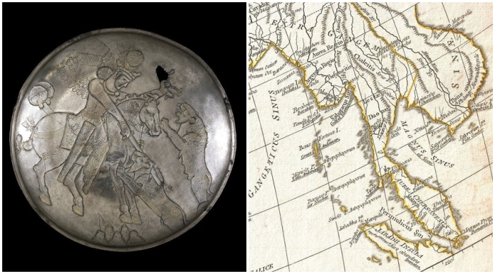 Слева направо: Серебряная пластина Сасанидов, изображающая царя, охотящегося на львов, V-VII век н.э. \ Каттигара расположена в устье реки Меконг.