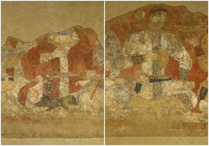 Фрагменты настенной росписи, изображающей согдийцев, найденная в Пенджикенте, Таджикистан, первая половина восьмого века.
