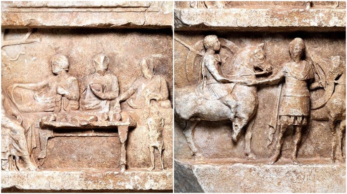 Фрагменты мраморного рельефа могилы с погребальным банкетом и уходящими воинами, II век до н. э.