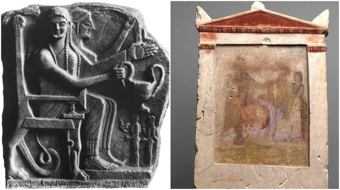 Слева направо: Надгробный рельеф, изображающий поклонение героизированным умершим, серо-голубой мрамор, ок. 550—530 гг. до н. э. \ Раскрашенная известняковая погребальная стела с роженицей, конец IV начало III века до нашей эры.