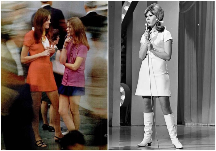 Слева направо: Мода в Нью-Йорке, 1960-е годы. \ Нэнси Синатра в своей культовой белой мини-юбке и сапогах go-go в 1966 году.