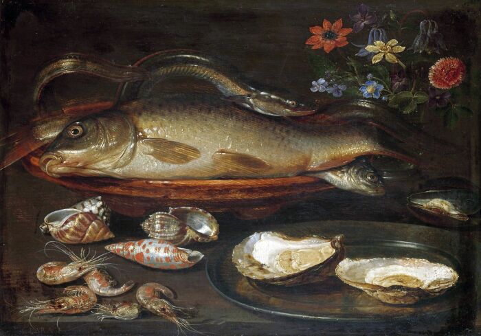Натюрморт с рыбой, морепродуктами и цветами, Клара Питерс, 1612-15 гг. \ Фото: ada-skill-based.art.