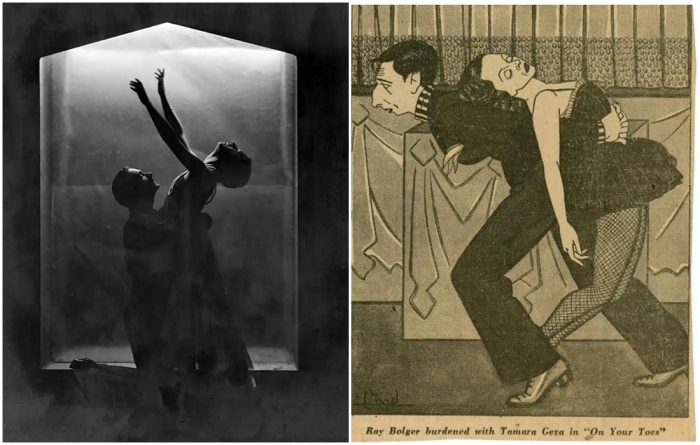 Слева направо: Клифтон Уэбб и Тамара Жева в театральных постановках, 1930 год. \ Постер фильма На цыпочках, 1937 год.