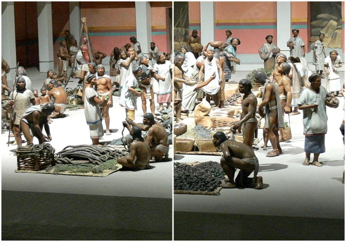 Реконструкция ацтекского рынка в Теночтитлане, национальный музей антропологии в Мехико.