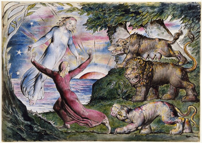 Данте бежит от трех зверей, иллюстрация к «Божественной комедии», Уильям Блейк. \ Фото: stereoklang.se.
