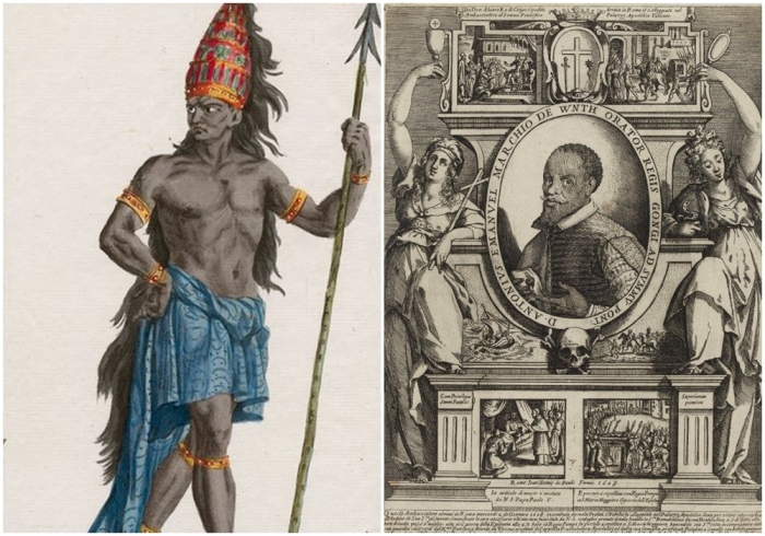 Слева направо: Король Нзинга а Нкуву (Жуан I). \ Посмертное изображение Антонио Эмануэле Не Вунды, 1608 год.