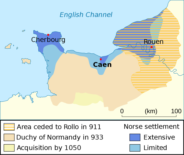 Герцогство Нормандия между 911 и 1050 годами. Синим цветом выделены районы интенсивного заселения скандинавами. \ Фото: die-kanalinseln.de.
