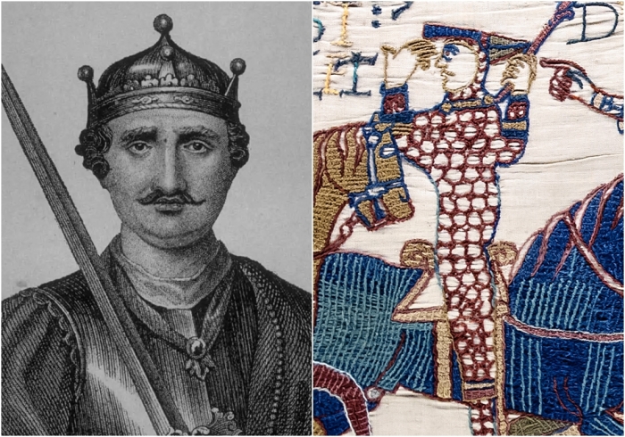 Слева направо: Вильгельм Завоеватель, первый нормандский король Англии. \ Вильгельм, изображённый на гобелене Байе во время битвы при Гастингсе.