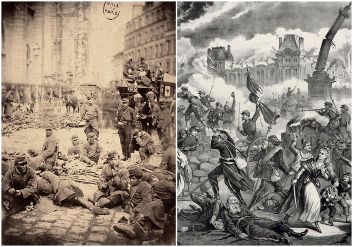 Слева направо: Первая фотография скорой помощи Красного Креста, войска Версаля, 1870 год. \ Террор при коммуне, 1871 год.