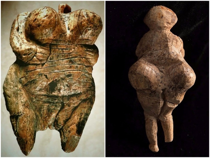 Слева направо: Венера из Полых скал, 38 000-33 000 годы до нашей эры. \ В России обнаружена фигура Венеры возрастом 23 000 лет.