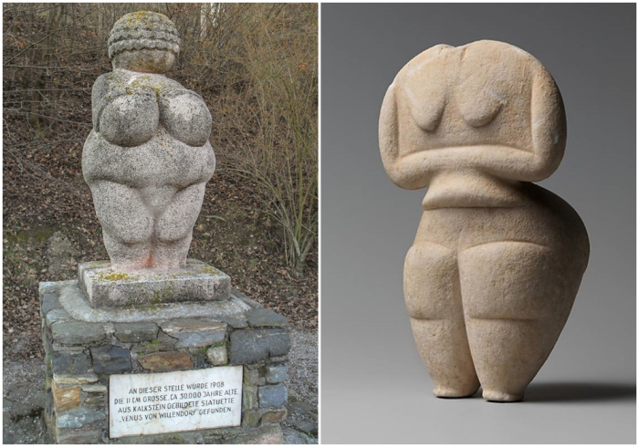 Слева направо: Точная копия, отмечающая место находки Венеры Виллендорфской в Виллендорфе, Австрия. \ Фото: Мраморная женская фигура, кикладский период, 4500-4000 годы до нашей эры.
