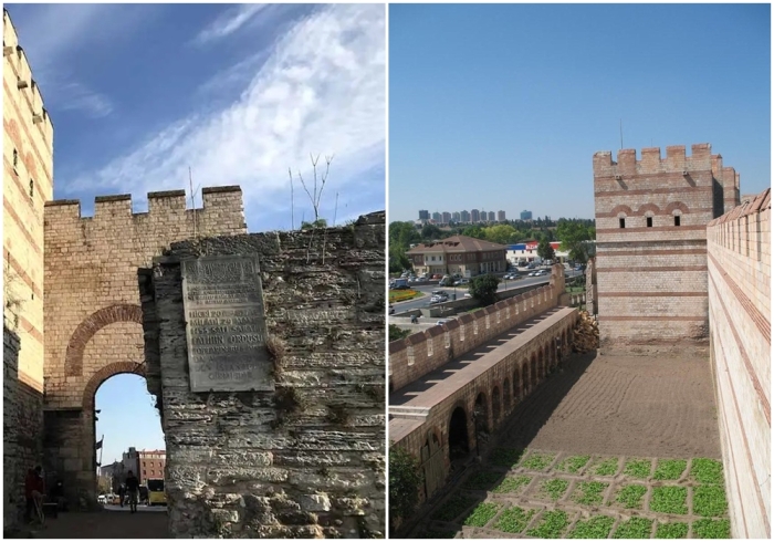 Слева направо: Ворота Топкапы, известные византийцам как ворота Святого Романа, где пушки Мехмеда II пробили Феодосийские стены в 1453 году. \ Фотография периболоса, пространства между внутренней и внешней стенами.