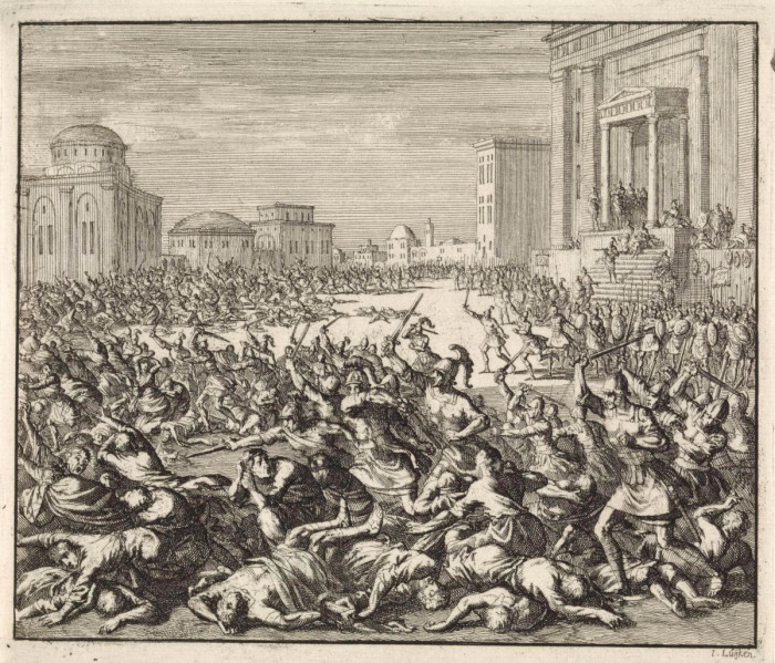 Император Феодосий I приказал убить семь тысяч жителей города, Ян Лёйкен, 1701 год. \ Фото: rijksmuseum.nl.