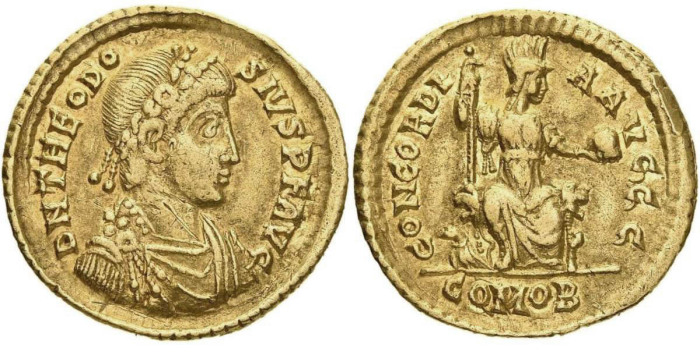 Золотая монета солидус Феодосия I с изображением персонификации Константинополя на реверсе, с. 388-93 гг. \ Фото: google.com.