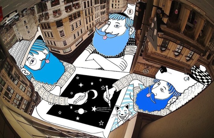 Сюрреал: три персонажа рисуют собственные иллюстрации в кадре с перевернутым небом. Автор: Thomas Lamadieu.