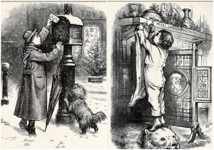 Слева направо: Рождественская открытка, Томас Наст. \ Ночь перед Рождеством, Томас Наст.