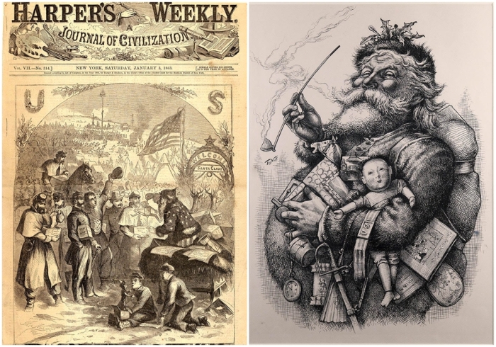 Слева направо: Санта-Клаус в лагере, Томас Наст, Harpers Weekly, 3 января 1863 год. \ Весёлый старый Санта-Клаус, Томас Наст, опубликовано в Harpers Weekly, 1 января 1881 года.