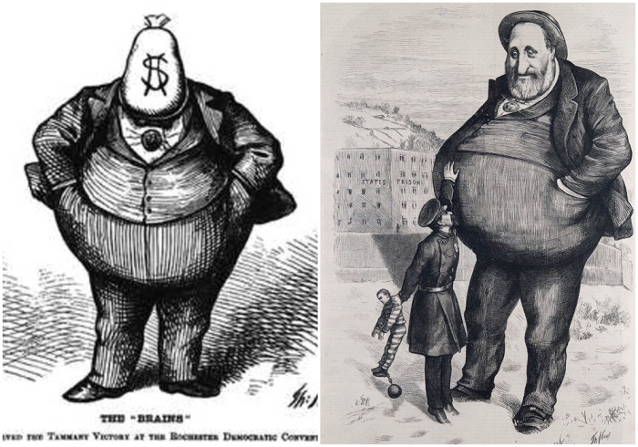 Слева направо: Мозг, Томас Наст. \ Может ли закон добраться до него? (Карлик и гигантский вор), Томас Наст, Harper's Weekly, 6 января 1872 год.