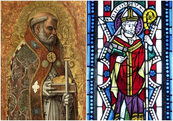 Слева направо: Святой Николай из Бари, Карло Кривелли, 1472 год. \ Витраж Святого Николая, 1340-50 годы.