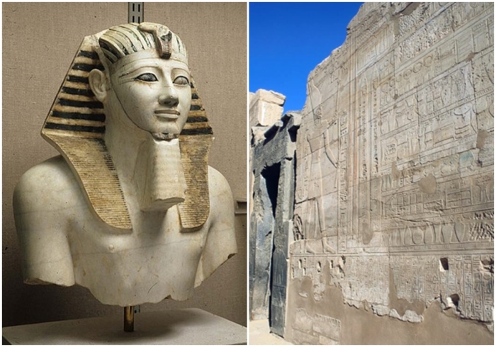 Слева направо: Верхняя часть статуи Тутмоса III. \ Летописи Тутмоса III в Карнаке, изображающие его стоящим перед подношениями, сделанными ему после его зарубежных походов.