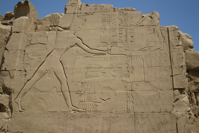 Тутмос III поражает своих врагов, рельеф на седьмом пилоне в Карнаке. \ Фото: pinterest.fr.