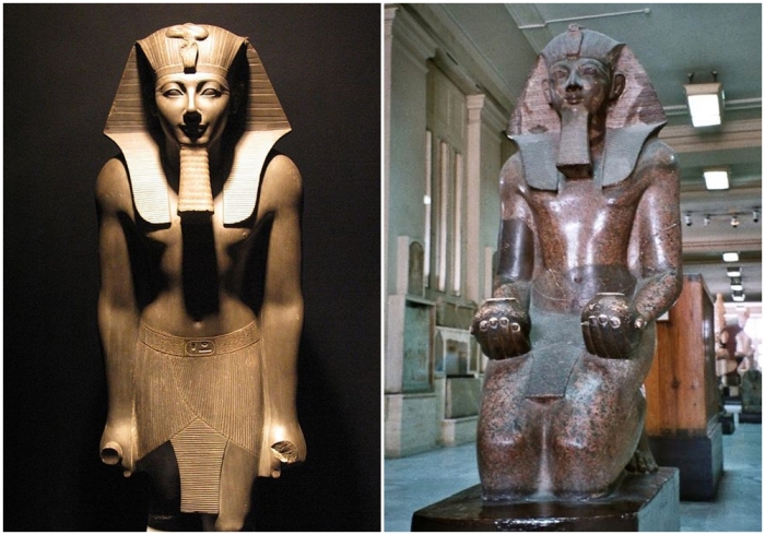 Слева направо: Базальтовая статуя Тутмоса III в Луксорском музее. \ Гранитная статуя фараона Тутмоса III.