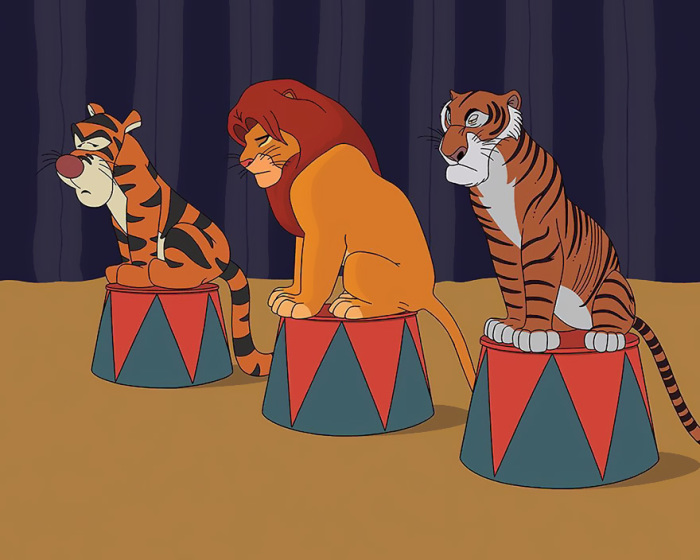 Симба, Тигра и Шархан выступают в цирке. Автор: Tom Ward.