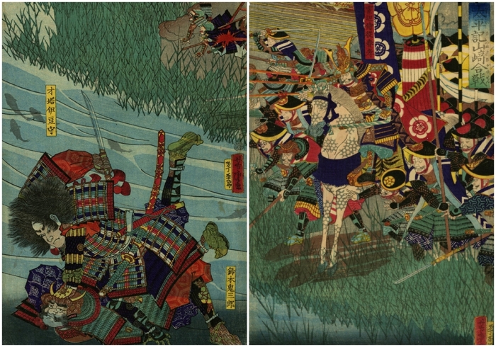 Битва при Ямадзаки: Тоётоми Хидэёси и Акэти Мицухидэ, Утагава Ёситора, 1868 год.