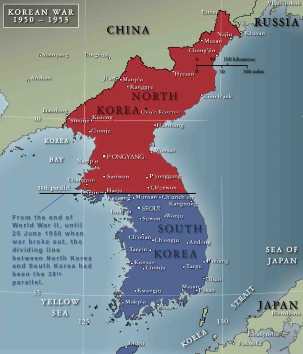 Карта Северной и Южной Кореи, разделённых 38-й параллелью. \ Фото: wordpress.com.