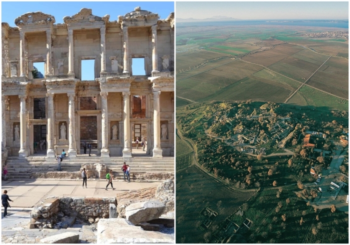 Слева направо: Развалины библиотеки, Троя. \ Вид с высоты птичьего полета на археологические раскопки Трои.