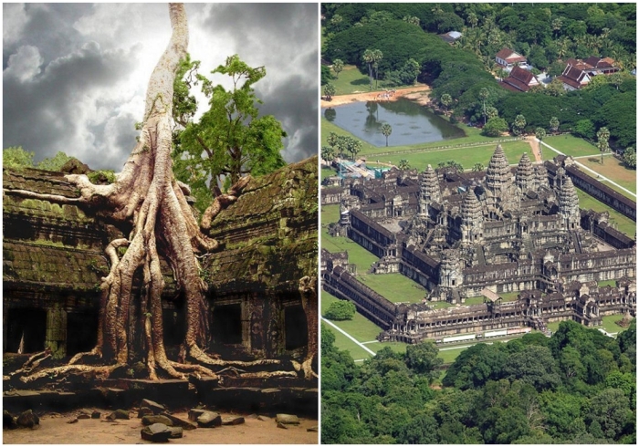 Слева направо: Храм Ангкор-Ват и причудливые деревья. \ Ангкор-Ват вид сверху.