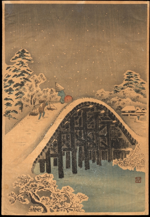 Мост в снегу, 1910 год. Автор: Ватанабэ Шотей.