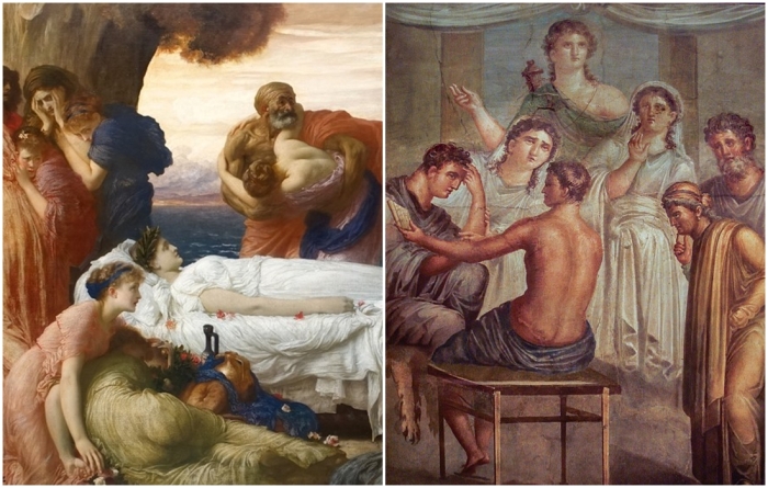 Слева направо: Фрагмент картины Геркулес, борющийся со смертью за тело Алкестиды, Фредерик Лорд Лейтон. \ Адмет и Алкестида, античная фреска из Помпей.