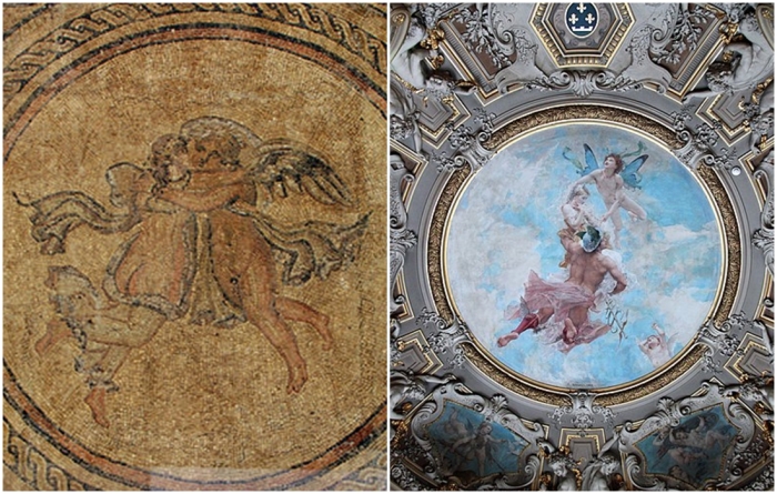 Слева направо: Эрос и Психея, мозаика римского периода, найденная на вилле в Кордове (Испания). \ Похищение Психеи, Поль Жак Эме Бодри, 1885 год.