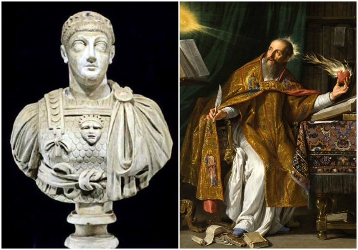 Слева направо: Бюст императора Валентиниана III. \ Аврелий Августин Блаженный (Святой Августин).