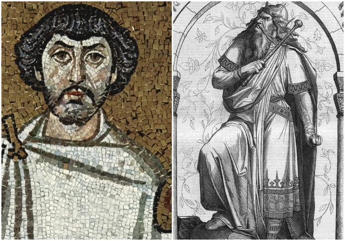 Слева направо: Мозаика с изображением Хунериха. \ Король вандалов Гейзерих.