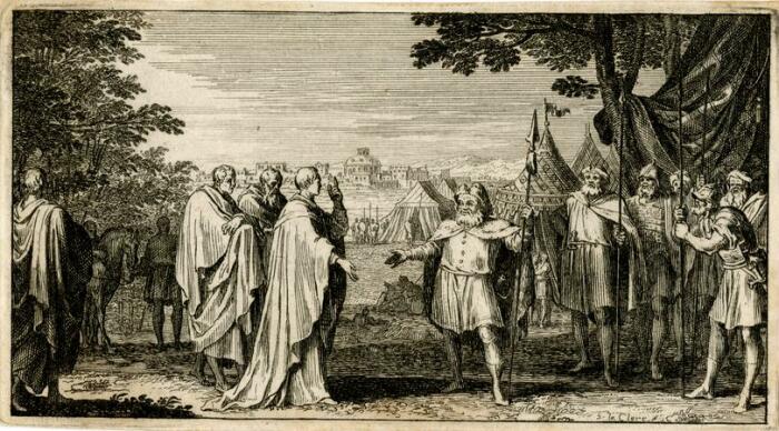Гравюра, изображающая встречу Аттилы Гунна и папы Льва I, Себастьян Леклерк I, около 1699 года. \ Фото: google.com.