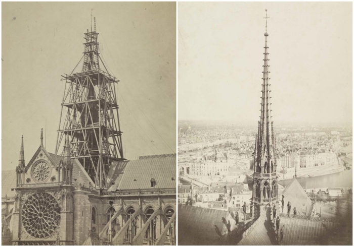 Слева направо: Строительные леса вокруг строящегося шпиля, 1859 год. \ Стрела вид с башни собора, 1861 год.