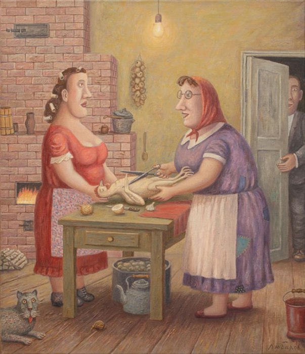 Свекровь учит невестку готовить курицу. Автор работ: Владимир Любаров (Vladimir Lyubarov).